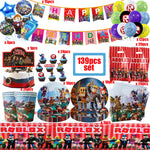 Kit de décoration anniversaire Roblox 139 pièces complet sur table de fête