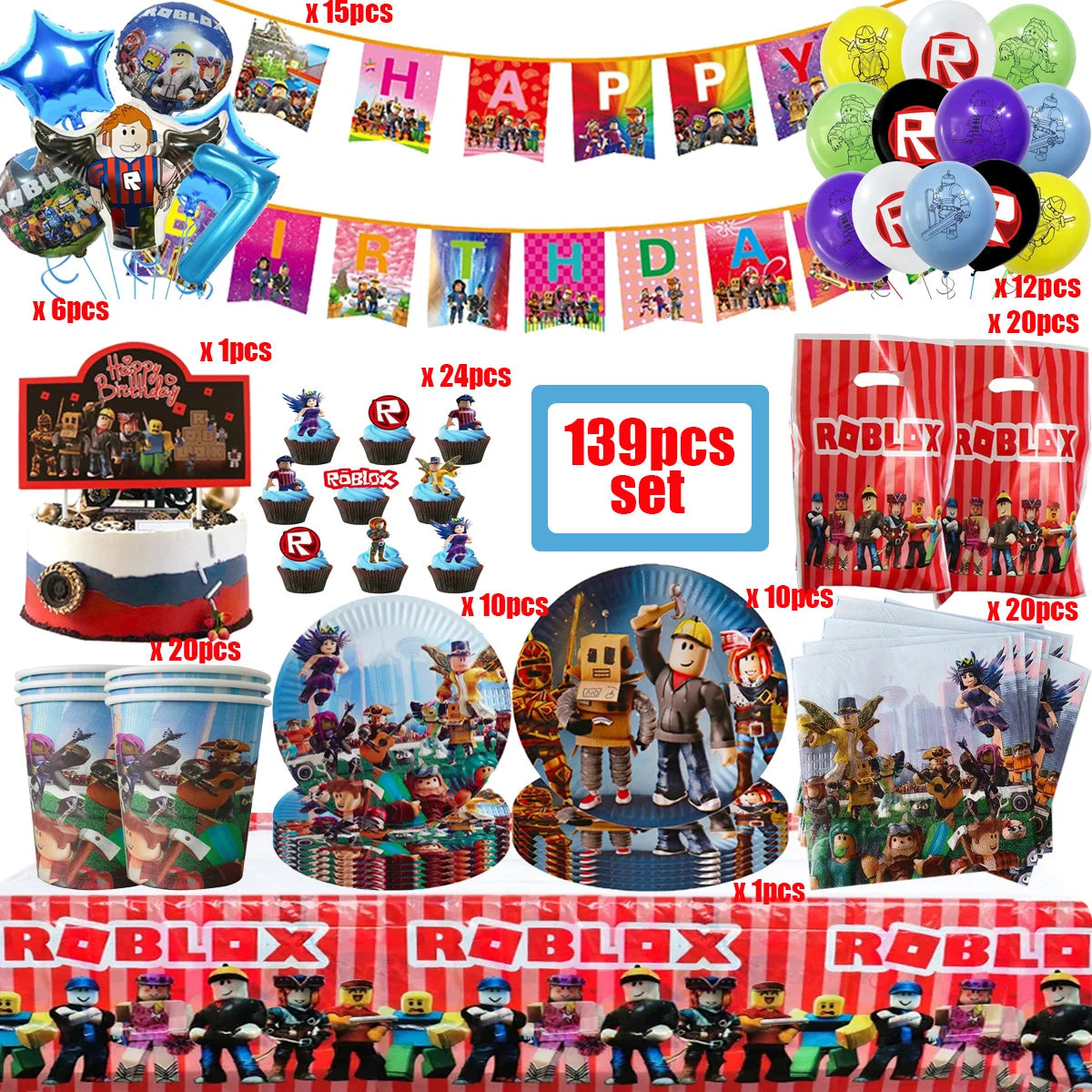 Kit de décoration anniversaire Roblox 139 pièces complet sur table de fête