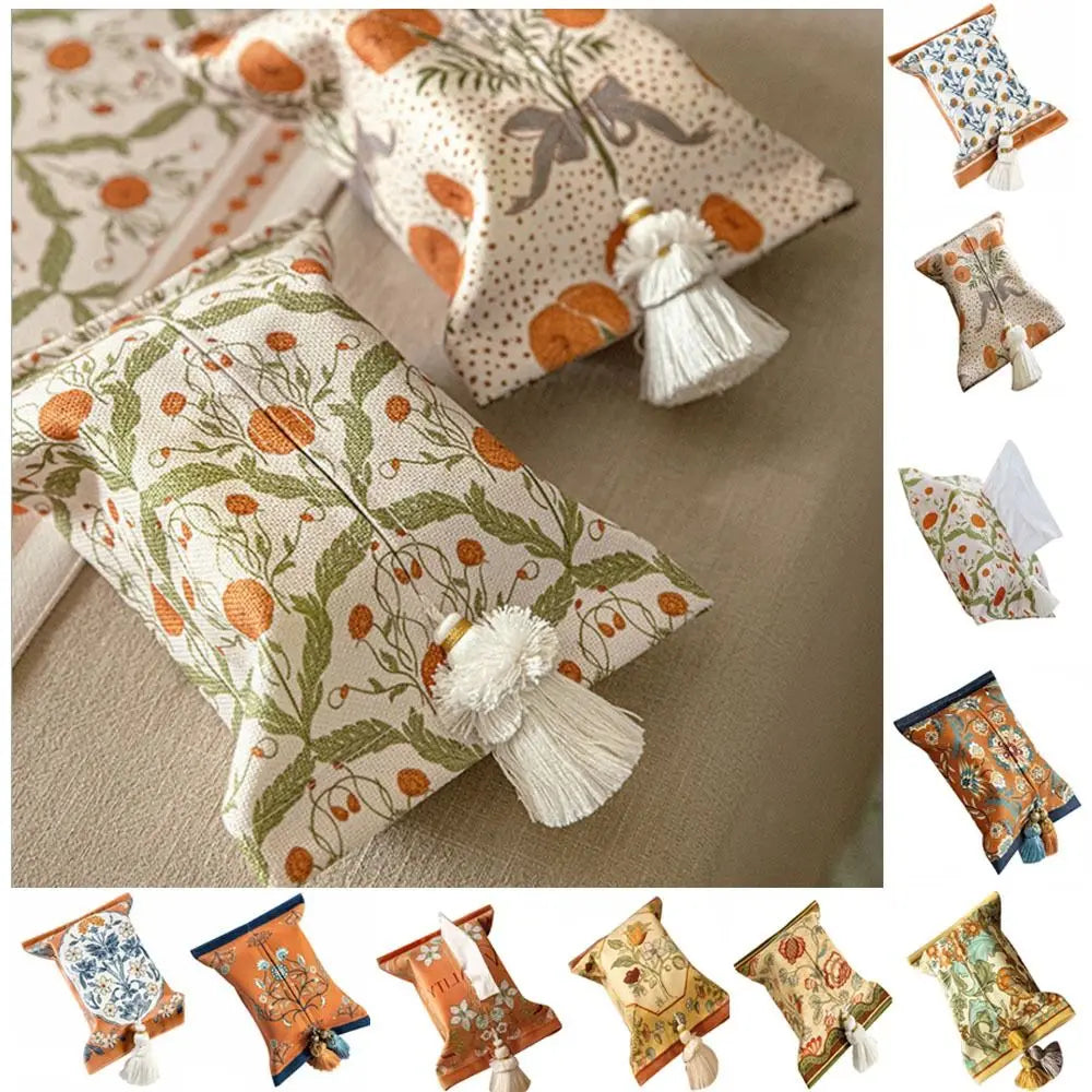 Sac mouchoirs vintage floral orange blanc bleu tassel boho chic decoration reusable
