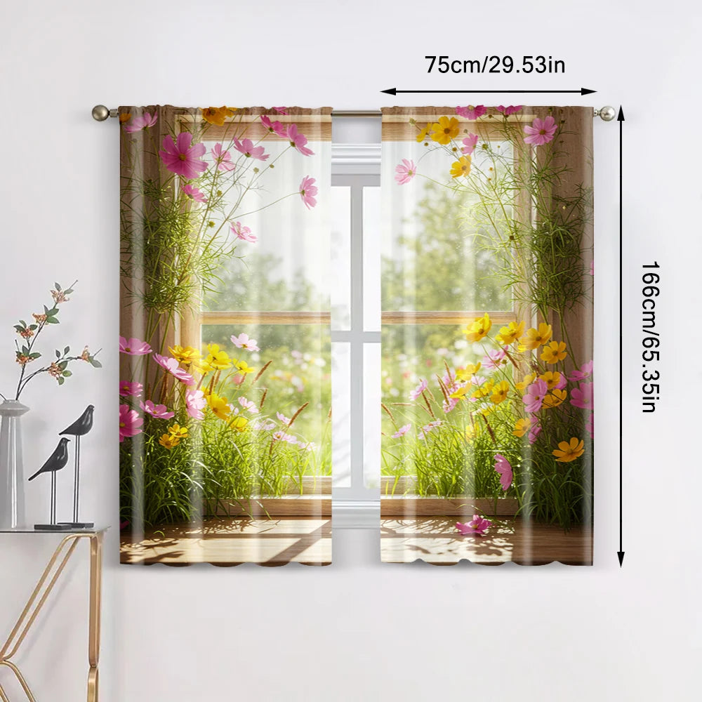 rideau fleuri multicolore semi transparent moderne polyester pièces decoration festive