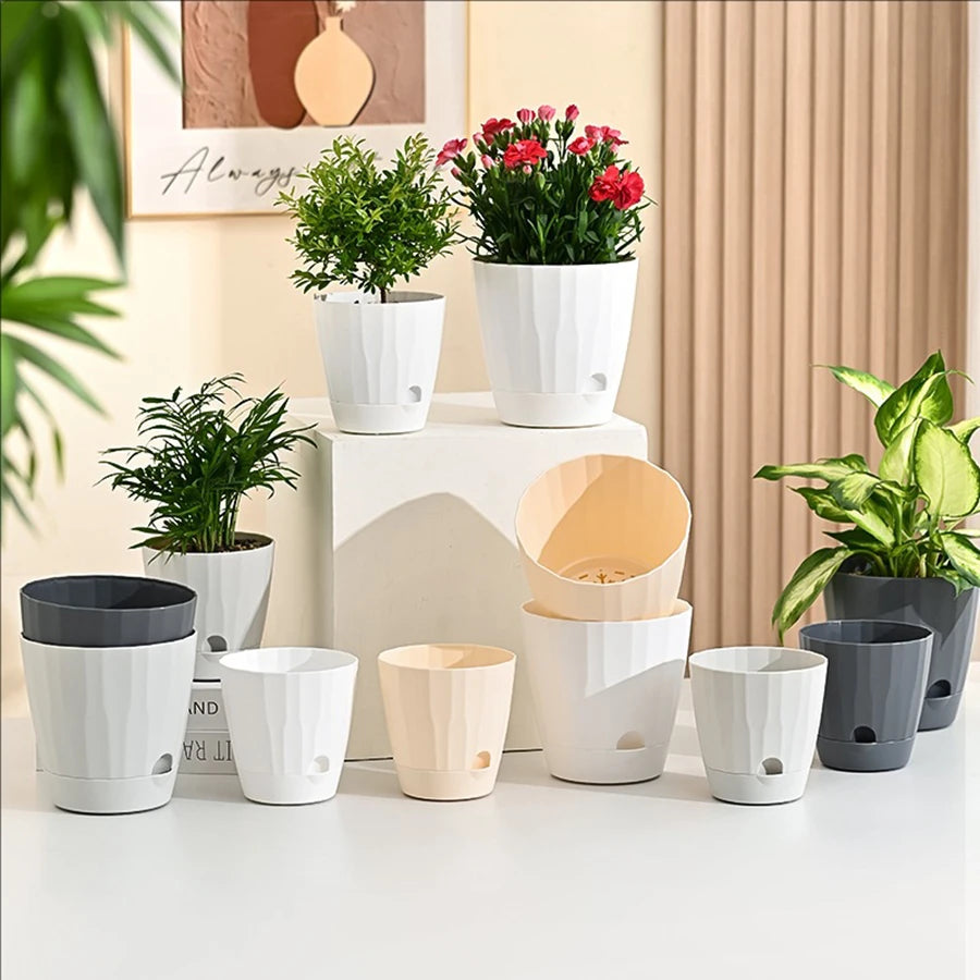 pots fleurs blancs rayures modernes balcon plante verte grille tailles résistantes auto absorbant