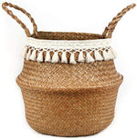 panier tissé marron clair franges blanches boho rangement réutilisable respectueux environnement