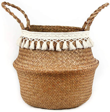 panier tissé marron clair franges blanches boho rangement réutilisable respectueux environnement