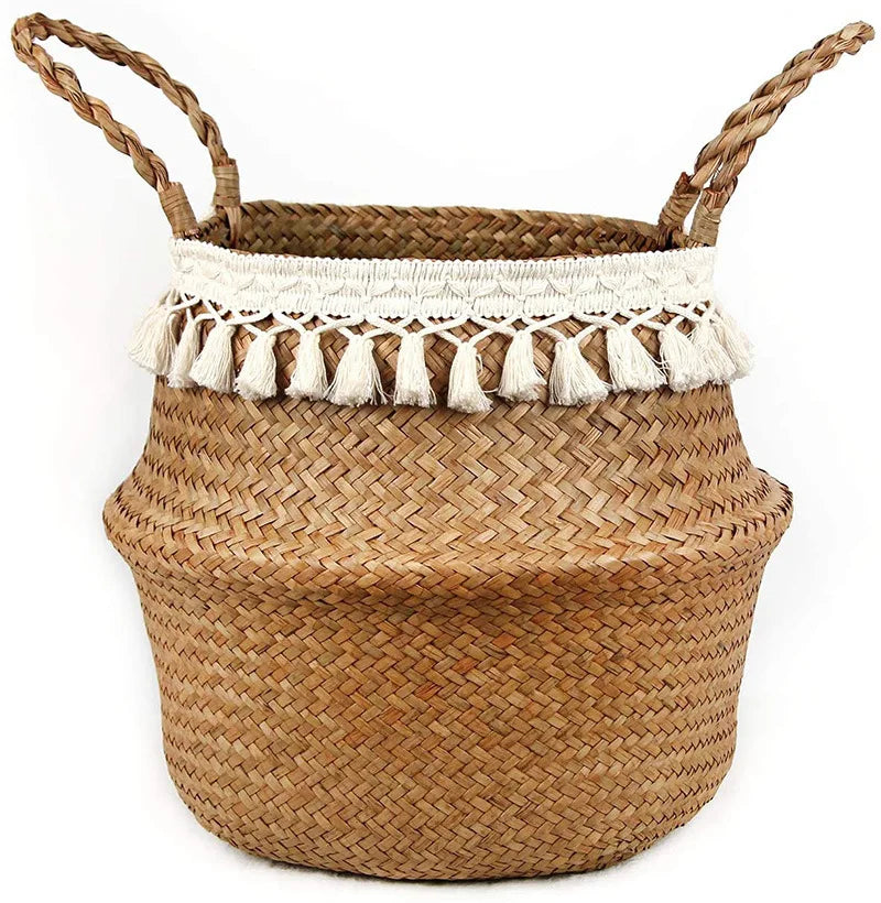 panier tissé marron clair franges blanches boho rangement réutilisable respectueux environnement