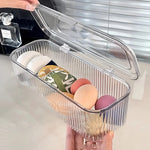 boîte maquillage transparente rayures verticales moderne poignée brosse pinceau tampon réutilisable