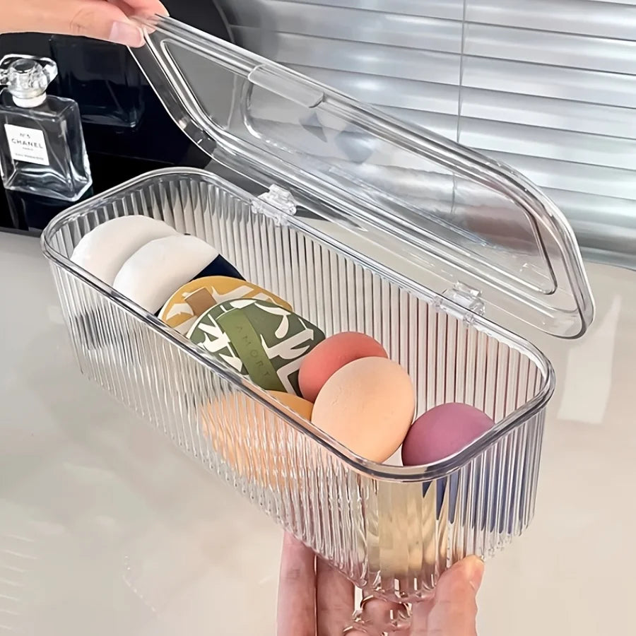 boîte maquillage transparente rayures verticales moderne poignée brosse pinceau tampon réutilisable