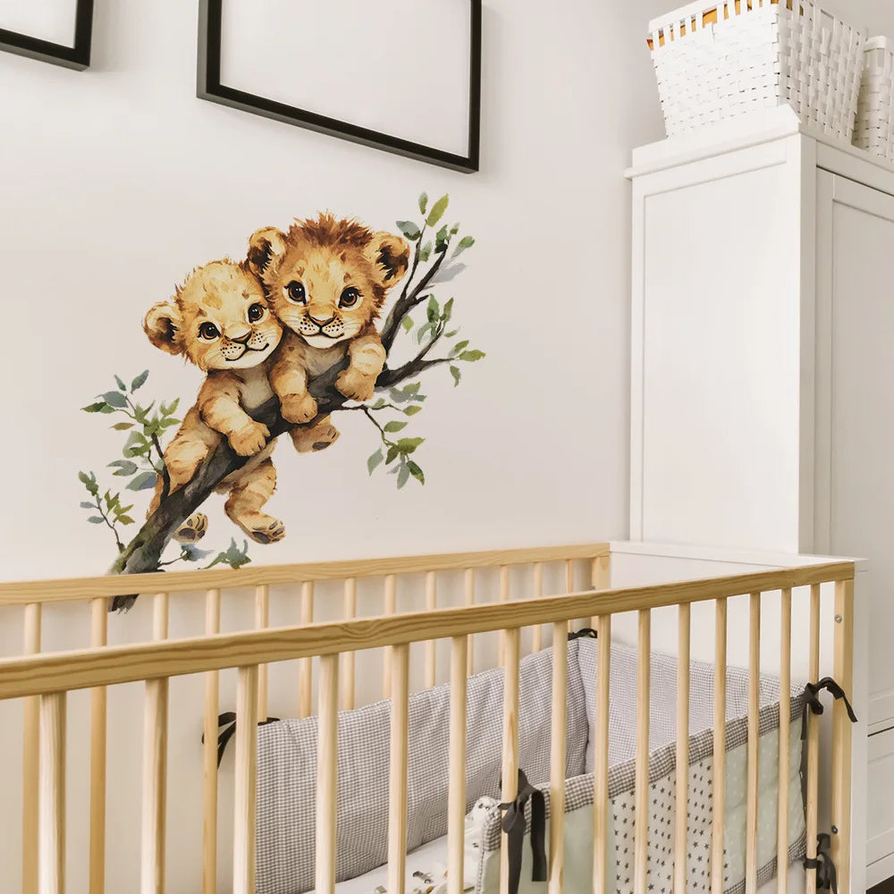 sticker mural illustration lionceaux branch feuilles marron beige vert blanc adhésif chambre salon hall