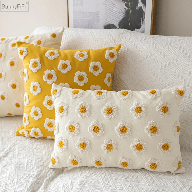 housse coussin brodée fleurs blanches jaunes coton polyester 30x50cm zip open décorative salon voiture