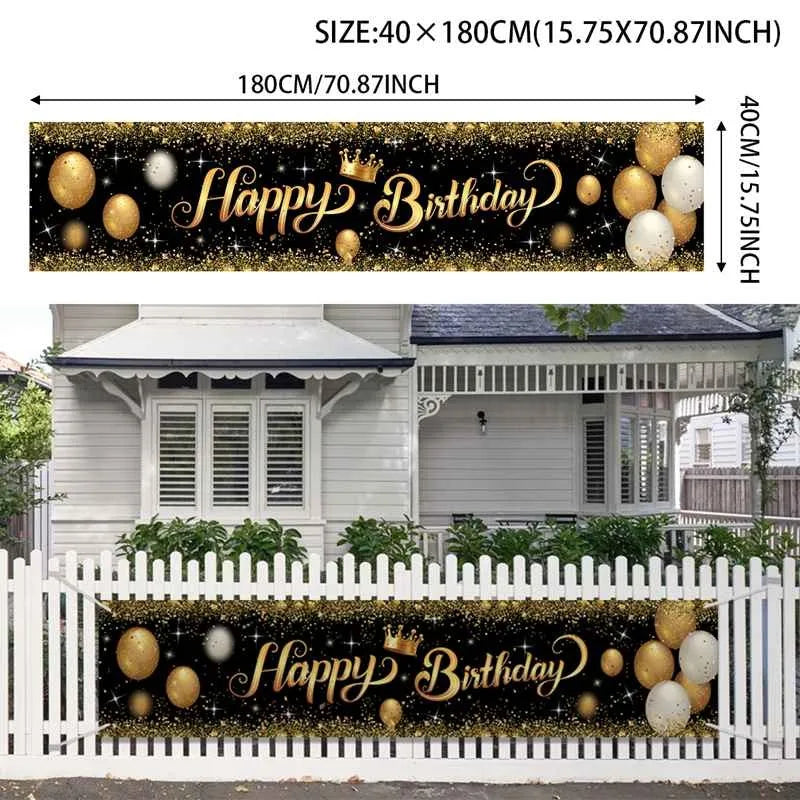 bannière anniversaire enfant moderne happy birthday ballons confettis clips doré noir festive