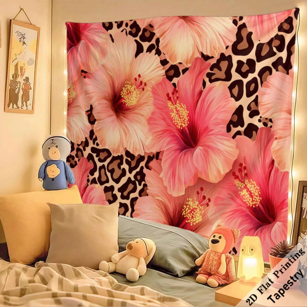 tapisserie moderne imprimée léopard fleurs rose couleur rose beige noir blanc décoration murale grande
