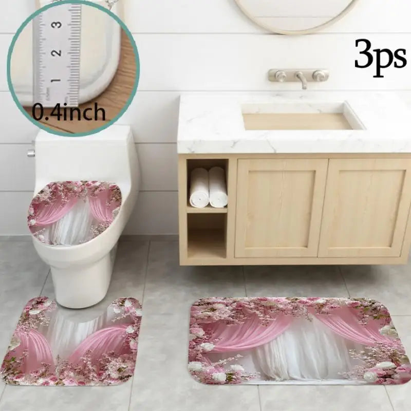 rideau douche fleur rose blanc classique 12 crochets tapis toilette bain ensemble pièces