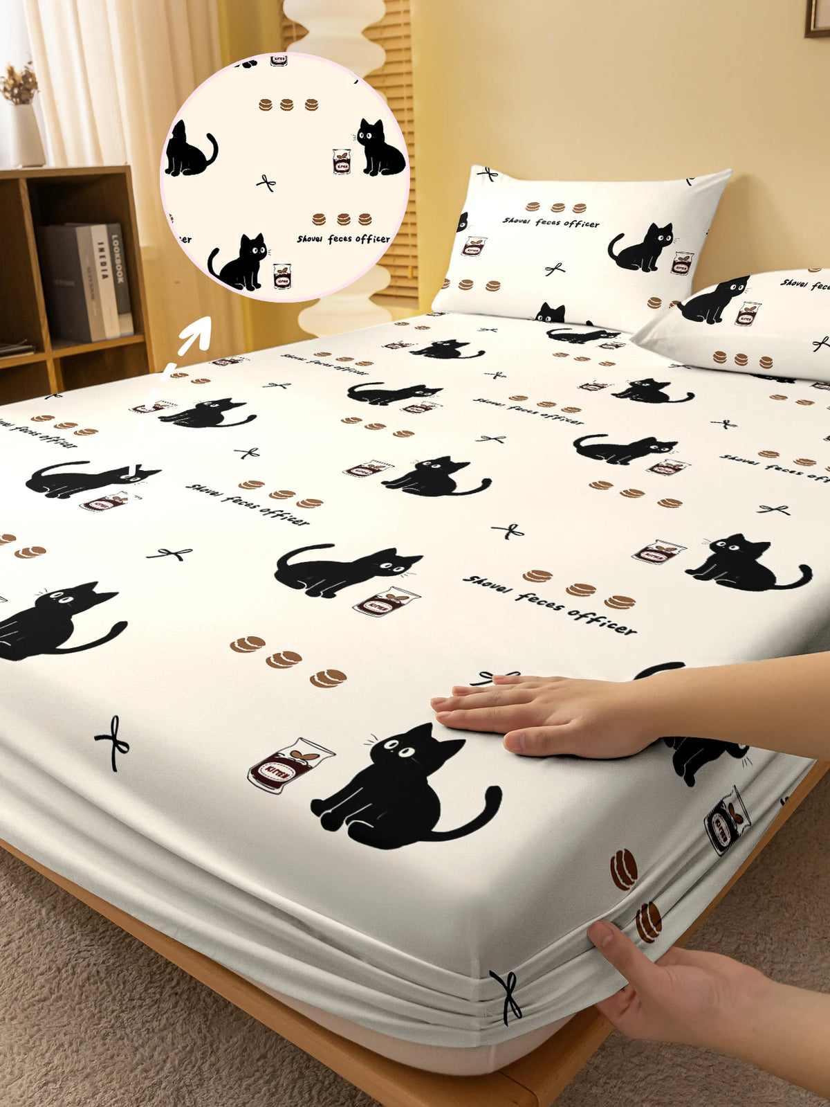 drap housse polyester motif chat noir moderne imprimé shovel faces officer blanc lit chambre