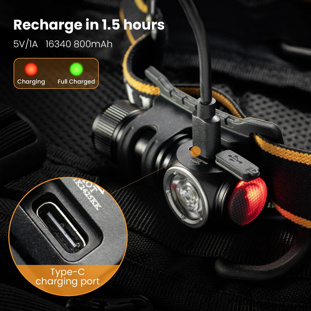 lampe frontale rechargeable noire orange tissu souple clip charge Type