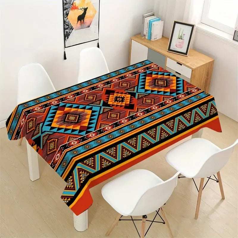nappe géométrique aztèque moderne bleu orange rouge beige table manger polyester réutilisable