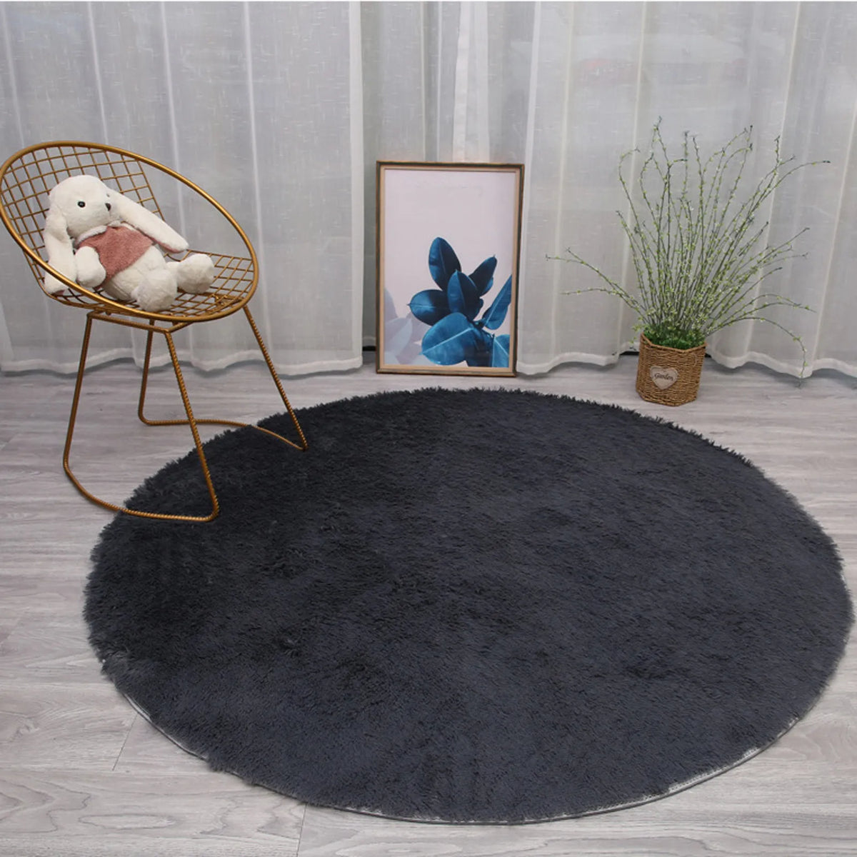 tapis rond uni fourré moderne polyester durable sans peluches noir bleu blanc rose