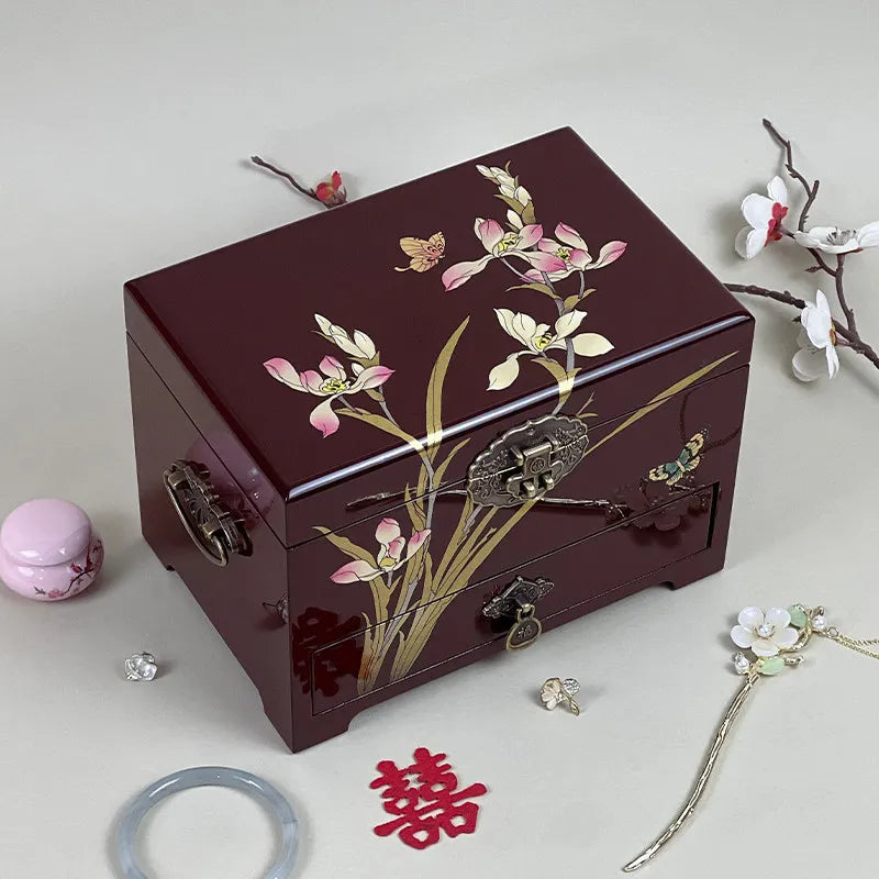 boîte bijoux traditionnelle fleurs blanches roses compartiments miroir cadenas noir japonais vintage floral
