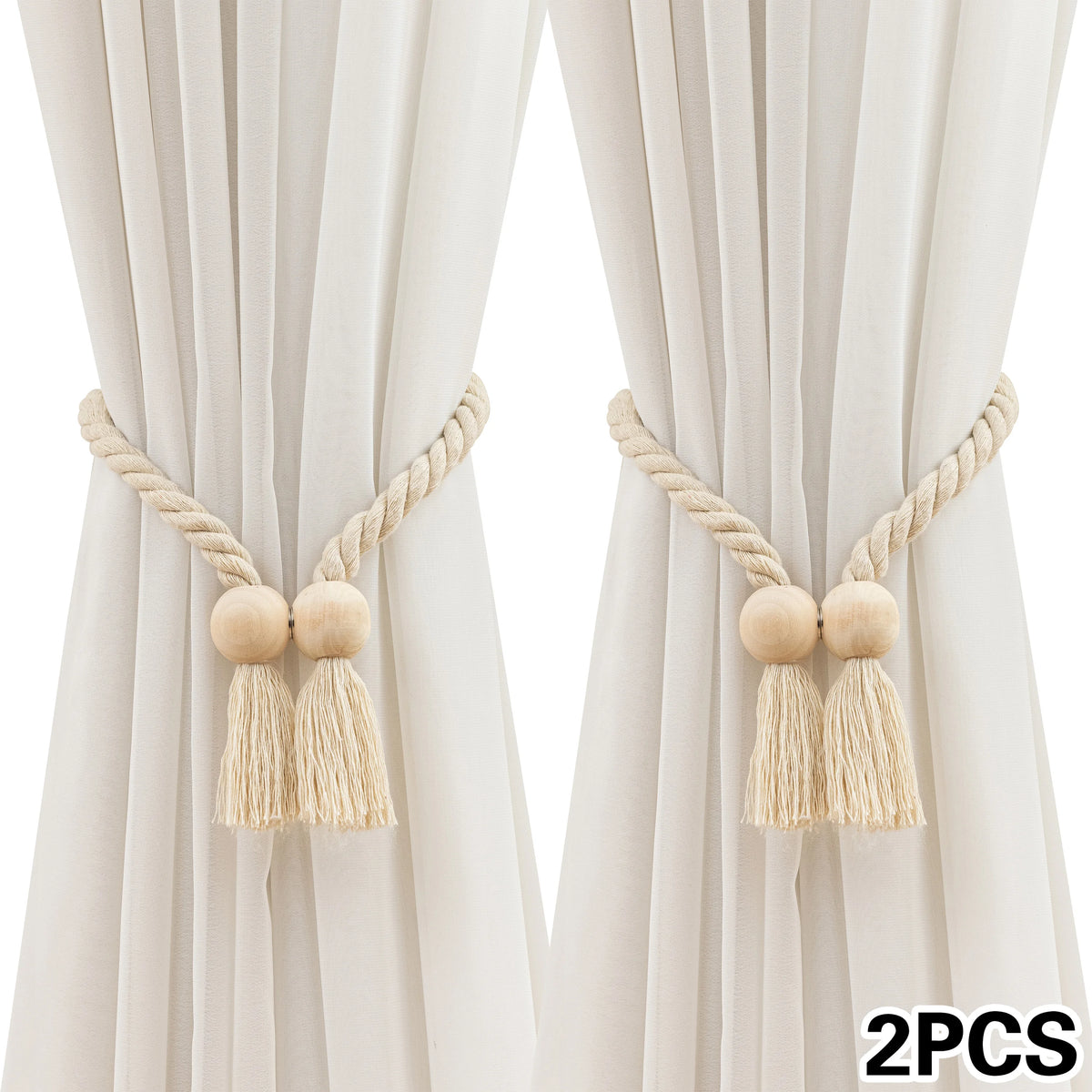 rideau polonais moderne ruban fenêtre tissé corde pompons bois beige clair 70cm