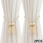 rideau polonais moderne ruban fenêtre tissé corde pompons bois beige clair 70cm