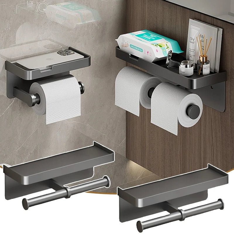 porte serviettes moderne porte papier toilette étagère rangement aluminium gris salle bain adhésif minimaliste
