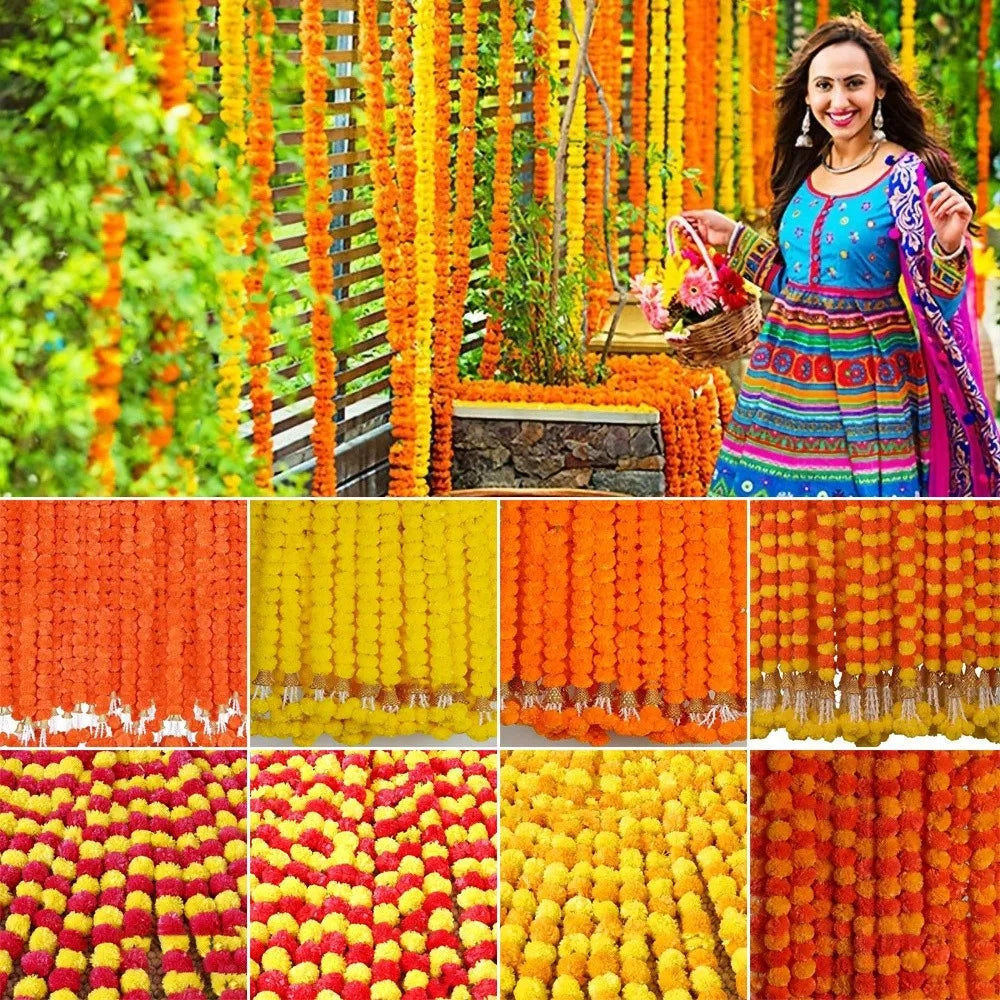 guirlande artificielle fleurs orange jaune rouge décoration festive indienne attaches extrémités