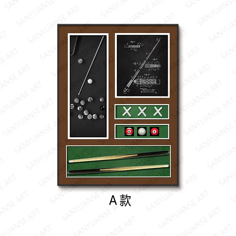 peinture physique 3d queue billard boules vert noir blanc doré moderne cadre aluminium traditionnelle