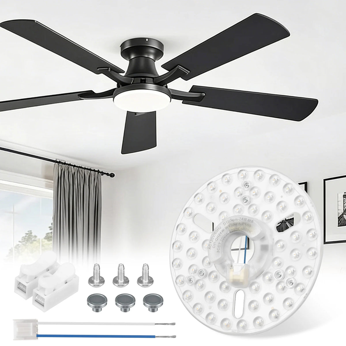 panneau led ventilateur 24w noir bois moderne clips magnétiques vis fixations 16cm
