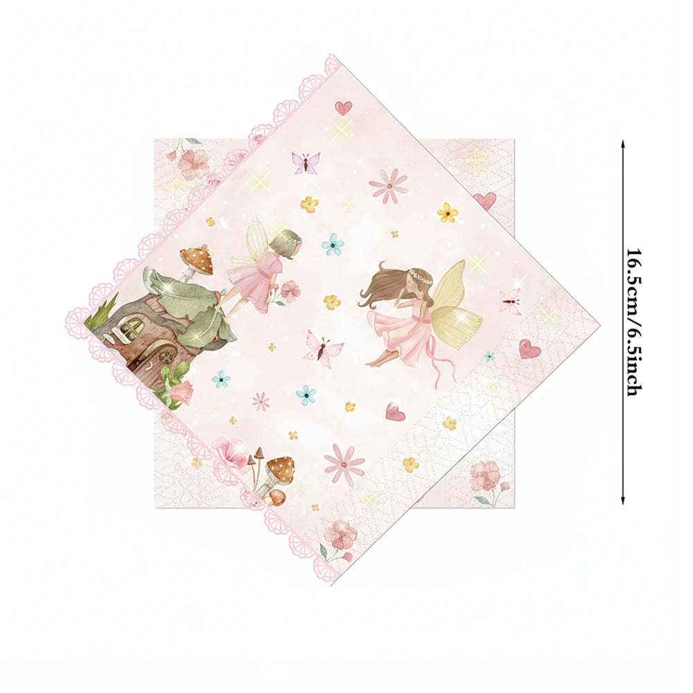 serviettes papier fées forêt enchantée anniversaire mariage baptême noël enfantin illustration fleurs coeurs