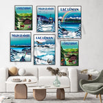 Cette série d'affiches vintage représente des paysages enneigés et des activités hivernales typiques des stations de ski de Haute-Savoie, en France, telles que la Chapelle d'Abondance, Thollon les Mémises et le Lac Léman.
