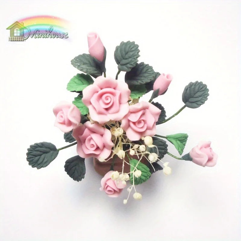 bouquet roses artificiel pot décoratif artisanal feuilles vertes fleurs blanchesintérieur réaliste miniature
