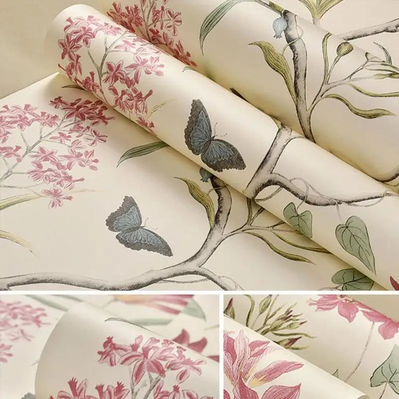 papier peint fleurs oiseaux adhésif vinyle pvc classique romantique beige rose vert bleu gris
