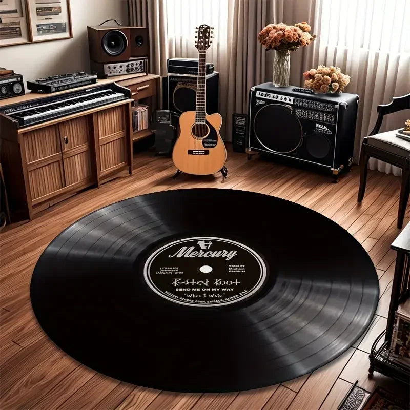 tapis rond noir vintage disques vinyle antidérapant salon chambre voyage prièreextérieur camping