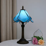 lampe table art nouveau tiffany bleu bronze verre texturé fleurs stylisées moderne