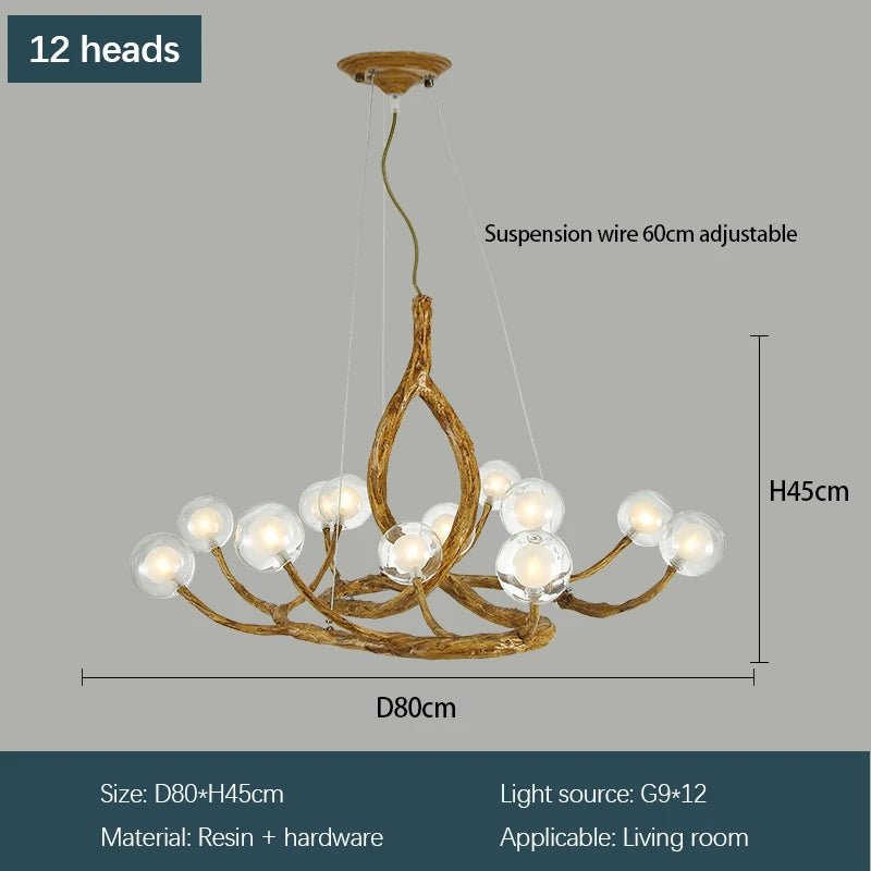 lampe suspendue moderne dorée branches naturelles 12 boules verre chaînes métalliques salon chambre