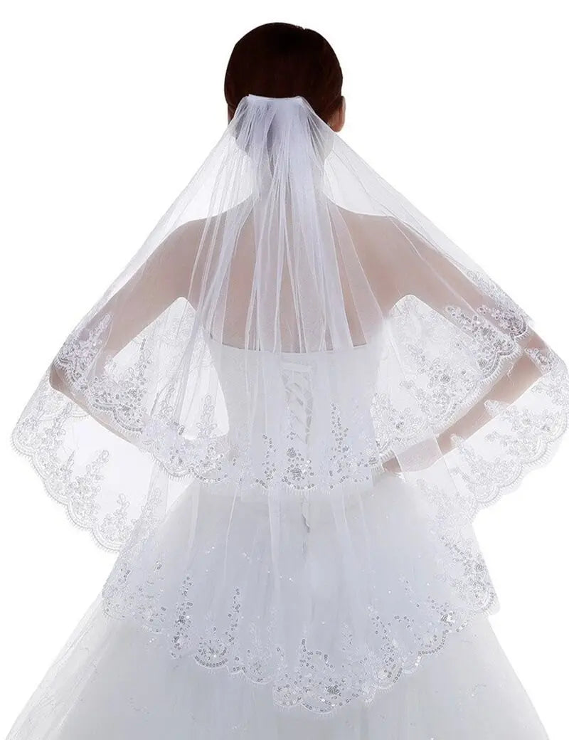 voile mariée blanc dentelle sequins classique clips métalliques translucide élégant future mariée journée spéciale
