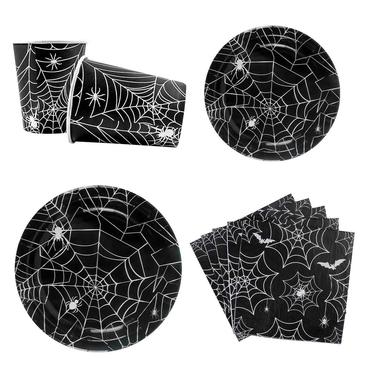 assiettes halloween araignées verres serviettes table noire blanc points brillants toile festive octobre