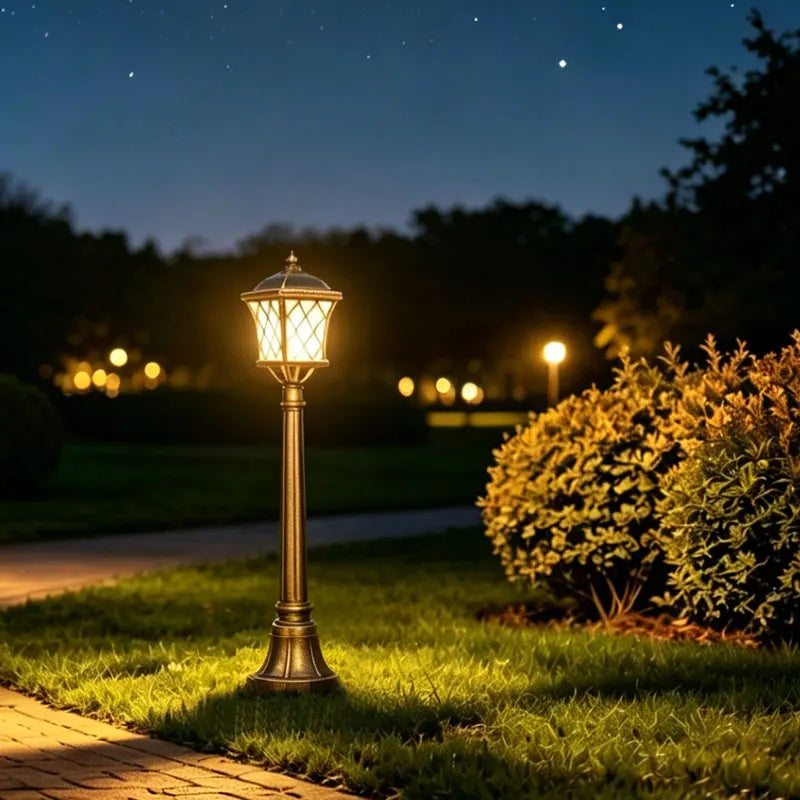 lampadaire extérieur bronze noir géométrique ip65 led 110cm hauteur abatjour transparent vieilliextérieur industrielle fixationsol