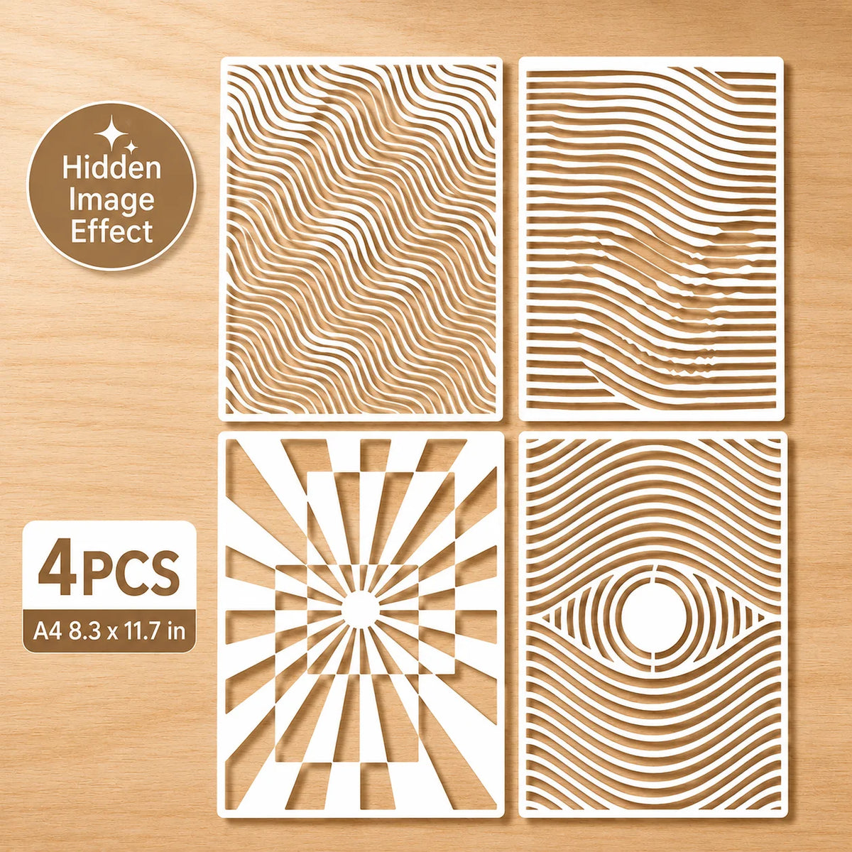 pochoirs peinture abstraite gabarits A4 rayures ondulées motif radial oeil moderne diy bois murs