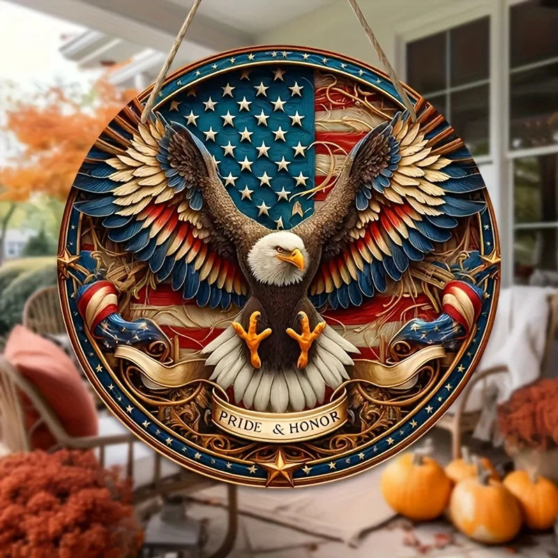 décoration murale plaque bois aigle drapeau américain bleu blanc rouge porte porche