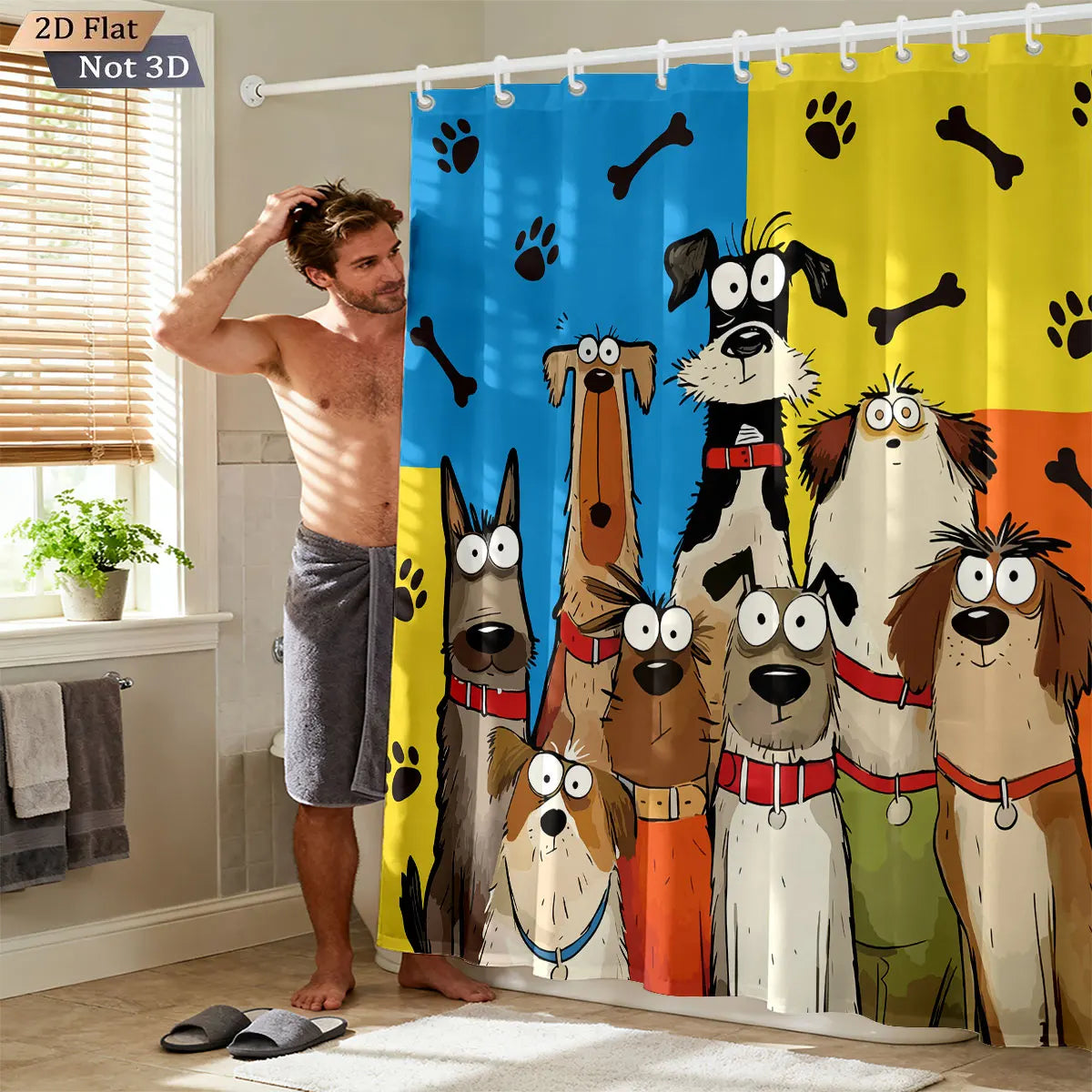 rideau douche imperméable dessins animés chiens bleu jaune opacité cartoon anneaux suspension polyester machine