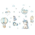 sticker mural licorne dessin animé nuages étoiles enfant chambre décoration mur bleu blanc PVC