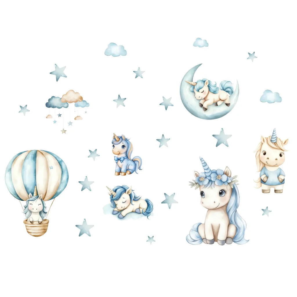sticker mural licorne dessin animé nuages étoiles enfant chambre décoration mur bleu blanc PVC
