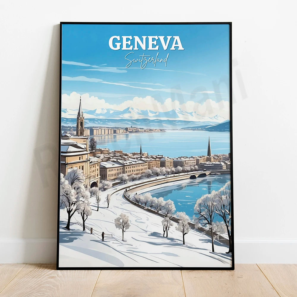Un paysage d'hiver enneigé de la ville de Genève, en Suisse, avec des montagnes dans le fond, un lac, des bâtiments historiques et des arbres recouverts de neige.