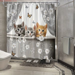 rideau douche polyester chats fleurs papillons moderne gris blanc orange
