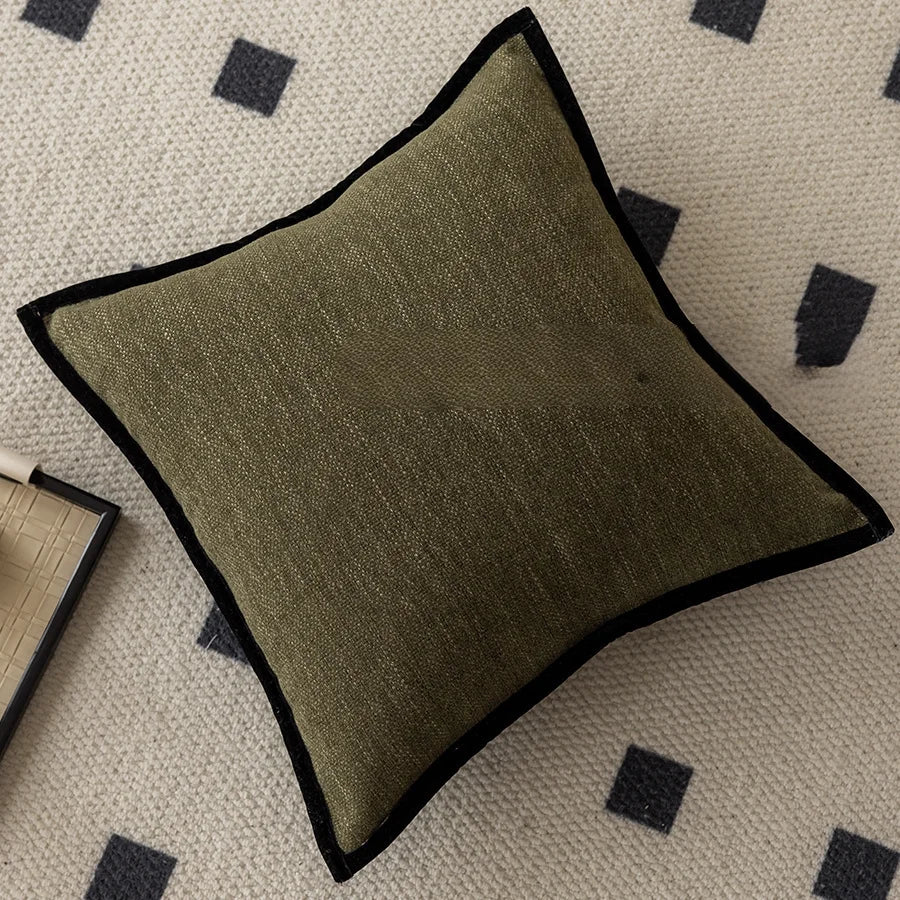 coussins décoratifs moderne vert olive beige coton polyester respectueux environnement fixations