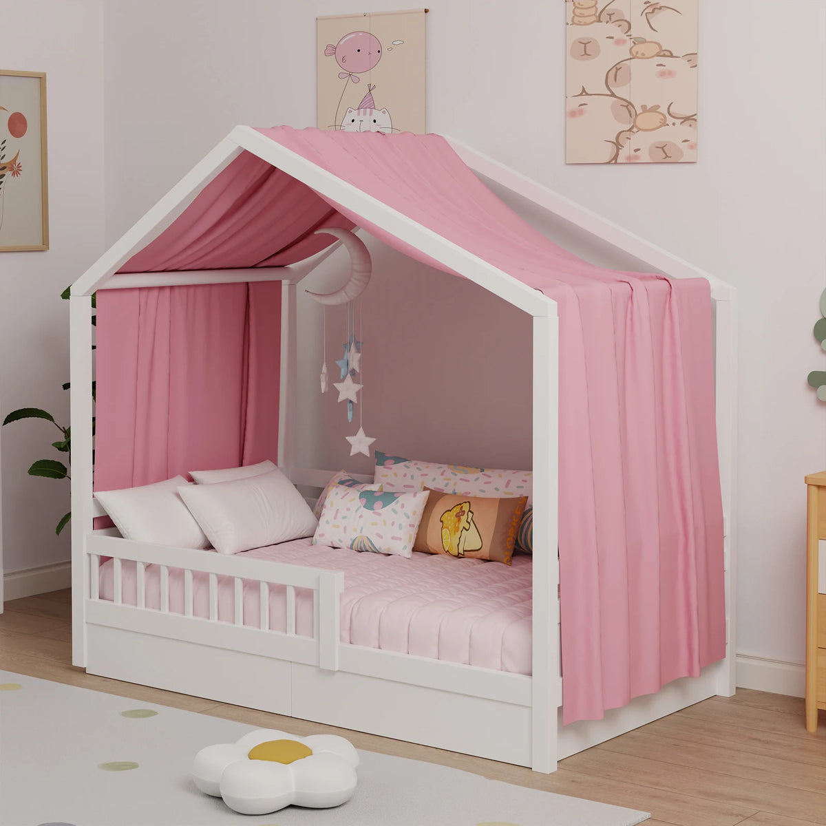 lit cabane enfant blanc moderne minimaliste coussins rideaux latéraux tapis