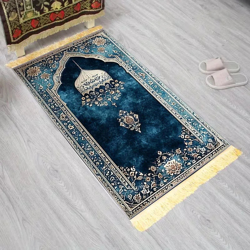 tapis prière islamique bleu foncé motif géométrique polyester résistant décoloration usage extérieur voyage