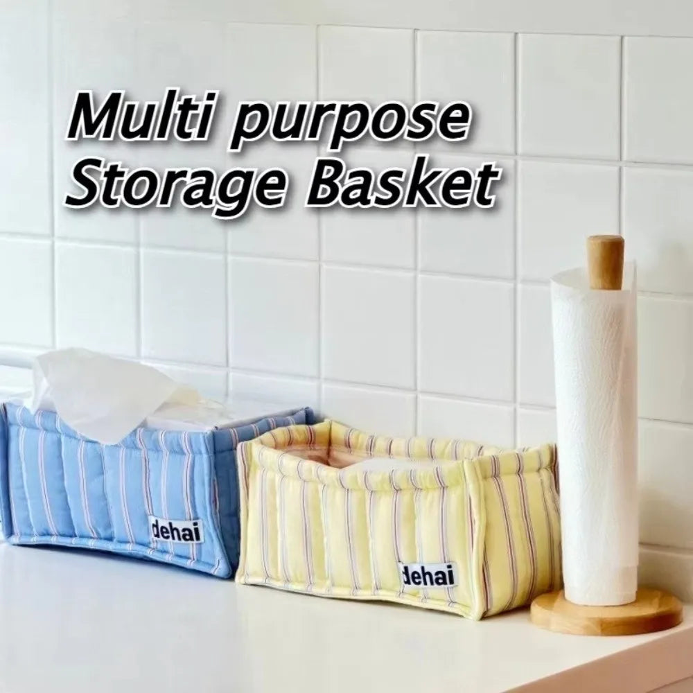 panier rangement tissu bleu rayures moderne blanc jaune multifonctionnel respectueux environnement