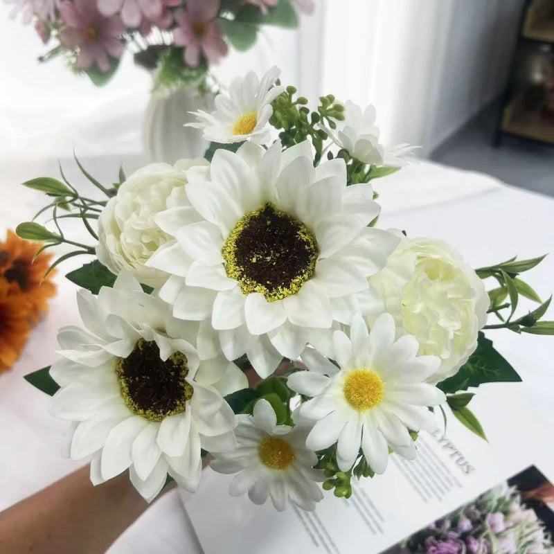 bouquet fleurs artificielles tournesol moderne orange jaune rouge blanc vert décoration intérieure mariage anniversaire