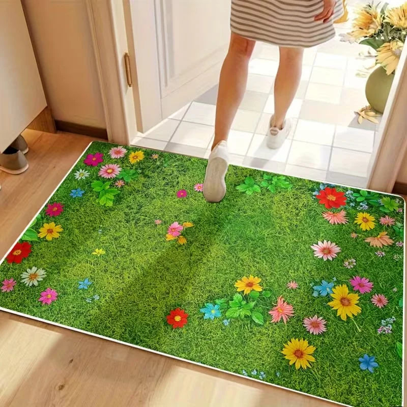 tapis moderne antidérapant herbe fleurs vert multicolore printemps salon entrée 60x40cm