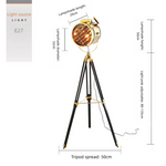lampe sol trépied industriel vintage bois noir métal doré salon étude